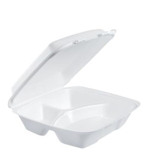 Dart® XPS Foam 3 Compartment Hinged Lid Container, White, Large, 9.4" x 9" x 3" (200Pack)