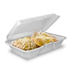 Performer® Large Three Compartment Hinged Lid Tray 9.4 x 9 x 3 With Removable Vented Lid White (200Pack)