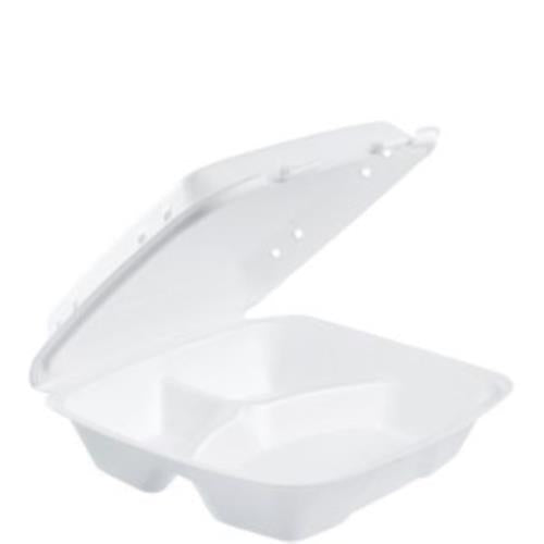 Performer® Large Three Compartment Hinged Lid Tray 9.4 x 9 x 3 With Removable Vented Lid White (200Pack)
