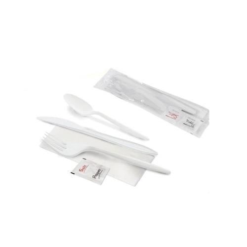 Prime Source® PP Heavy Knife, Fork, Spoon, Salt and Pepper, Napkin Cutlery Kit, White (250Pack)
