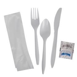 Prime Source® Polypropylene Knife, Fork, Teaspoon, Salt And Pepper, 12" x 13" Napkin Cutlery Kit, White (250Pack)
