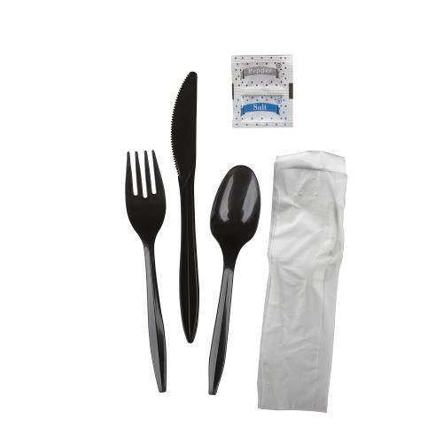 Prime Source® Polypropylene Knife, Fork, Teaspoon, Salt and Pepper, 10" x 12" Napkin Cutlery Kit, Black, Medium (250Pack)