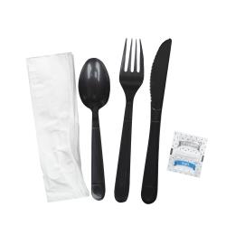 Prime Source® Polypropylene Cutlery Kit With Knife/Fork/Teaspoon/Salt & Pepper/13" x 17" Napkin, Black, Extra Heavy Weight (250Pack)