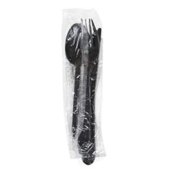 Prime Source® Polypropylene Cutlery Kit With Knife/Fork/Teaspoon/Salt & Pepper/13" x 17" Napkin, Black, Extra Heavy Weight (250Pack)