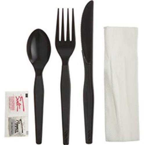 Prime Source® Polystyrene Heavy Knife, Fork, Teaspoon, Salt and Pepper, Napkin Cutlery Kit, Black (250Pack)