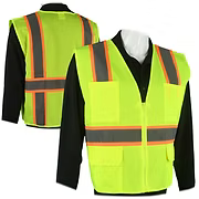 Yellow, Class II Surveyors Vest, 4 Pockets Contrasting Silver on Orange Reflective Stripe, Solid Front, Mesh Back, Zipper, Sizes M-3XL