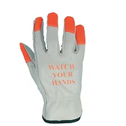 Quality Grade Cowhide Grain Leather Drivers Glove, "Watch Your Hands" Logo, Hi-Vis Orange Fingertips, Elastic Wrist, Keystone Thumb. Sizes: XS-2XL