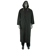 60" Black Riding Slicker, Flame Resistant, Limited Flammability-Tested in accordance with ASTM D6413, .35mm PVC/Polyester material, Attached Hood, Vented Cape Back, 2 Outside Pockets, Underarm Venting, S-6XL