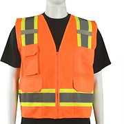 Class 2 Safety Vest, Hi-Vis Orange, Solid Front - Mesh Back, 6 Pockets, 2" Reflective Stripes, M-5XL