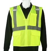 Hi-Vis Yellow Class II Safety Vest, Self-Extinguishing, (ASTM 6413) 2 Mic Tabs, 2 Outside Velcro Pockets, One Radio Pocket, Reflective Silver Stripes. S-5XL