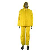 Flame Resistant, Limited Flammability-Tested in accordance with ASTM D6413, .35mm Yellow PVC/Polyester/PVC, 3 Piece Rainsuit, Attached Hood, Cape Vented Back, 2 Outside Pockets, Underarm Venting, S-6XL