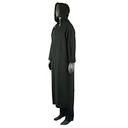 60" Black Riding Slicker, Flame Resistant, Limited Flammability-Tested in accordance with ASTM D6413, .35mm PVC/Polyester material, Attached Hood, Vented Cape Back, 2 Outside Pockets, Underarm Venting, S-6XL