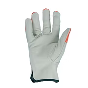 Quality Grade Cowhide Grain Leather Drivers Glove, "Watch Your Hands" Logo, Hi-Vis Orange Fingertips, Elastic Wrist, Keystone Thumb. Sizes: XS-2XL