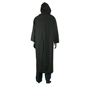60" Black Riding Slicker, .35mm PVC/Polyester Material, Attached Hood, Vented Cape Back, 2 Outside Pockets, Underarm Venting. Sizes: S-7XL