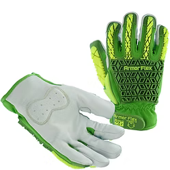 Hi Vis Goatskin Mechanics glove. Anti-Vibration Palm Cut A6, Impact 2, Puncture 4. Green Spandex back with Green and Yellow TPR. M-2XL