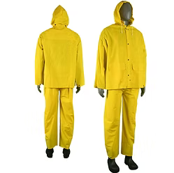 Flame Resistant, Limited Flammability-Tested in accordance with ASTM D6413, .35mm Yellow PVC/Polyester/PVC, 3 Piece Rainsuit, Attached Hood, Cape Vented Back, 2 Outside Pockets, Underarm Venting, S-6XL
