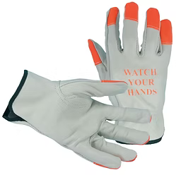 Quality Grade Cowhide Grain Leather Drivers Glove, "Watch Your Hands" Logo, Hi-Vis Orange Fingertips, Elastic Wrist, Keystone Thumb. Sizes: XS-2XL