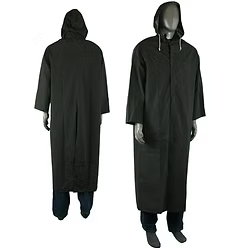 60" Black Riding Slicker, Flame Resistant, Limited Flammability-Tested in accordance with ASTM D6413, .35mm PVC/Polyester material, Attached Hood, Vented Cape Back, 2 Outside Pockets, Underarm Venting, S-6XL