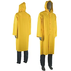 .35mm Yellow PVC/Polyester 48" Raincoat, Attached Hood, Cape Vented Back, 2 Outside Pockets, Underarm Venting, S-6XL