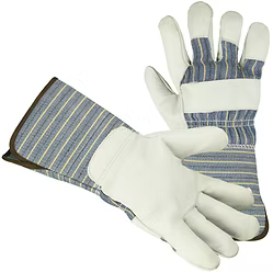 Cowhide Grain Leather Palm, Premium Grade, Gauntlet Cuff, Gunn Cut, Straight Thumb. Sizes: S-XL