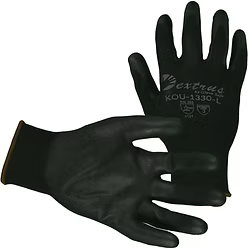 13 gauge Black Nylon Liner with Black Polyurethane Palm Coating. Sizes: S-2XL