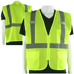 Hi-Vis Yellow Mesh, Reflective Stripes, Outside Pockets, Zipper, Class II, Sizes S-5XL