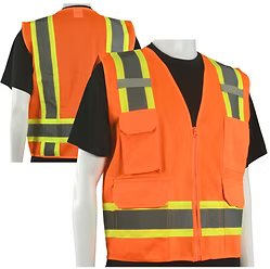 Class 2 Safety Vest, Hi-Vis Orange, Solid Front - Mesh Back, 6 Pockets, 2" Reflective Stripes, M-5XL